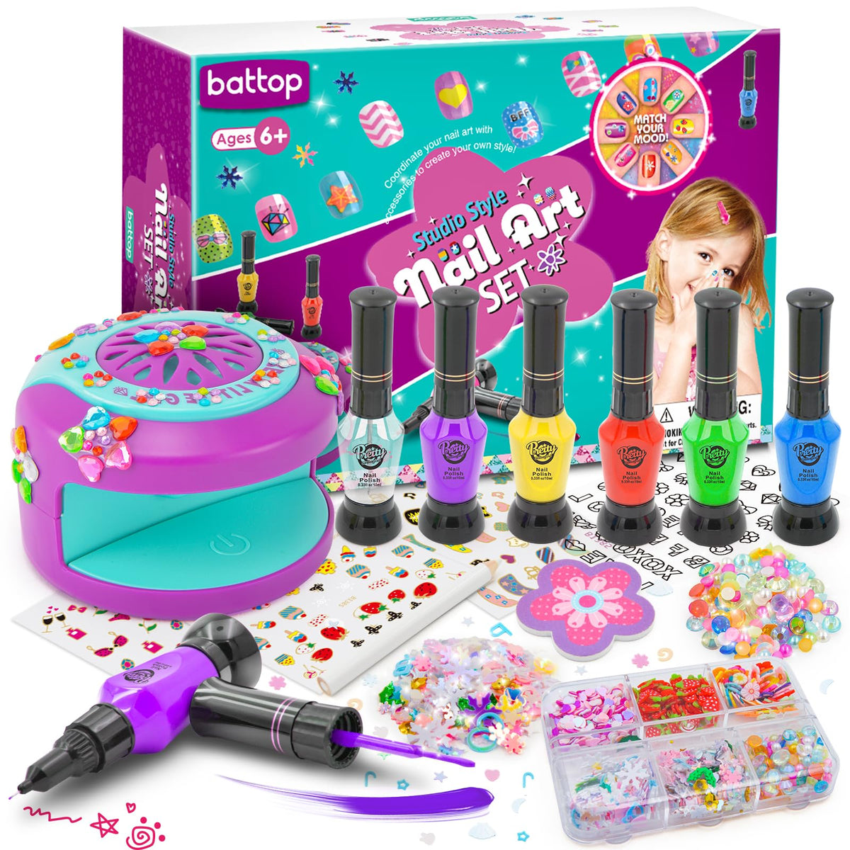 BATTOP Kids Nail Art Kit open packaging shows a beginner-friendly manicure setup.