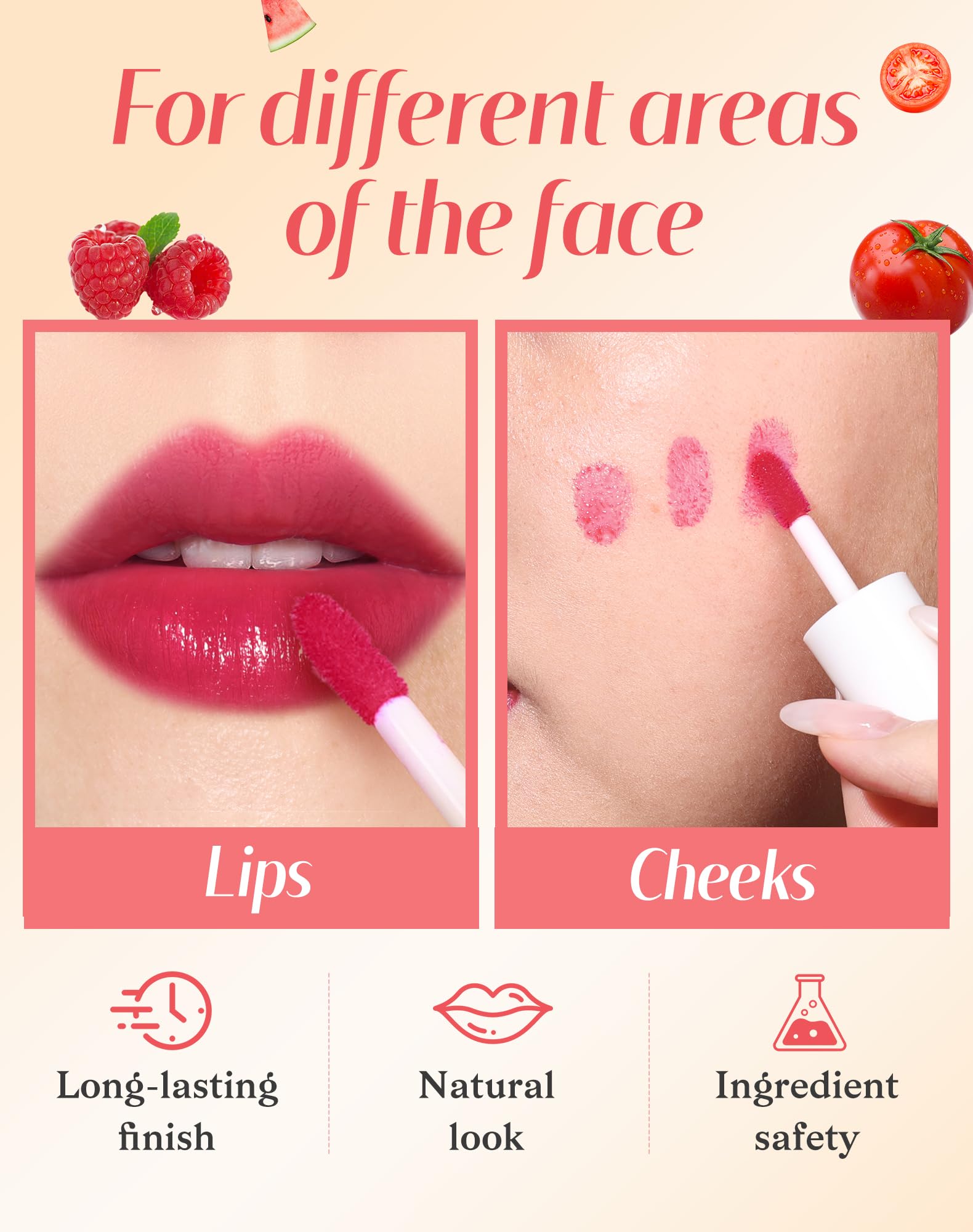 Bayfree lip tint doubles as a liquid cheek tint for a natural glow.