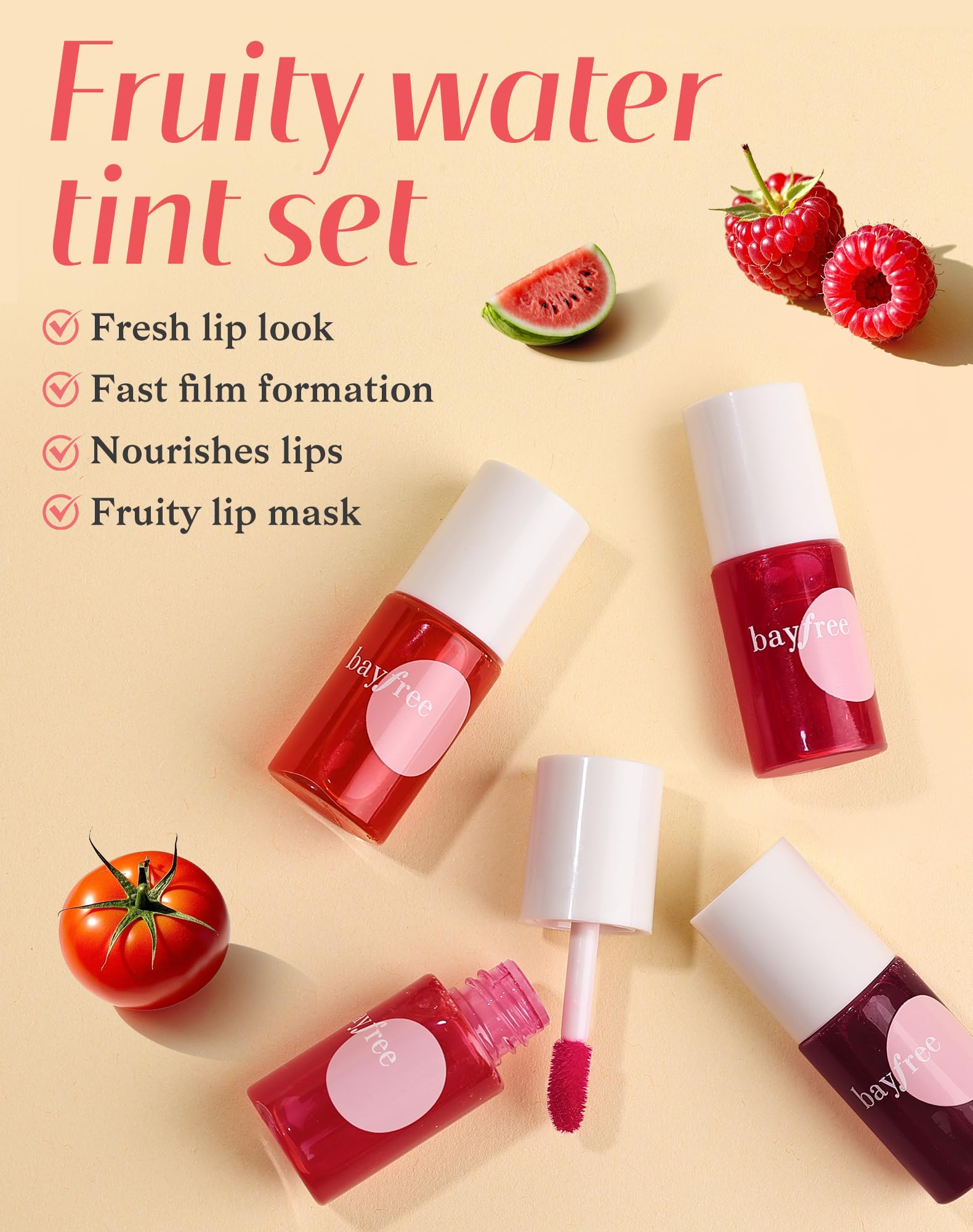 Bayfree lip tint swatches show a vibrant shade range for lips and cheeks.