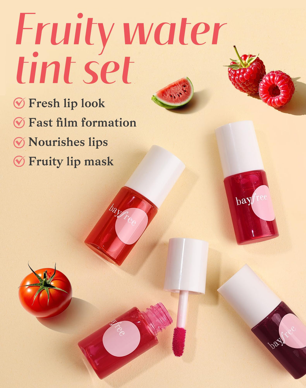 Bayfree lip tint swatches show a vibrant shade range for lips and cheeks.