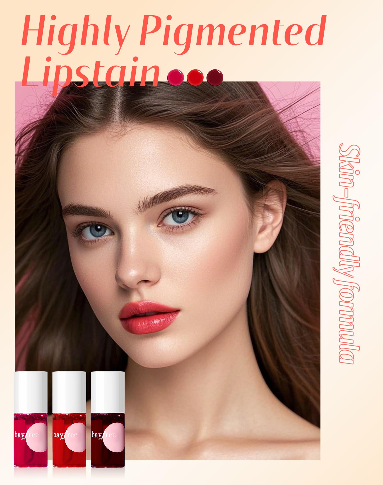 Bayfree lip tint close-up reveals pigmented, non-sticky texture.