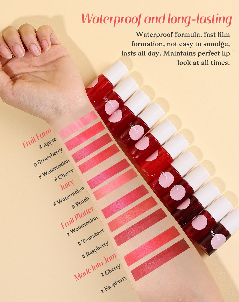 Bayfree Lip Tint delivers transfer-proof color for kiss-friendly wear.
