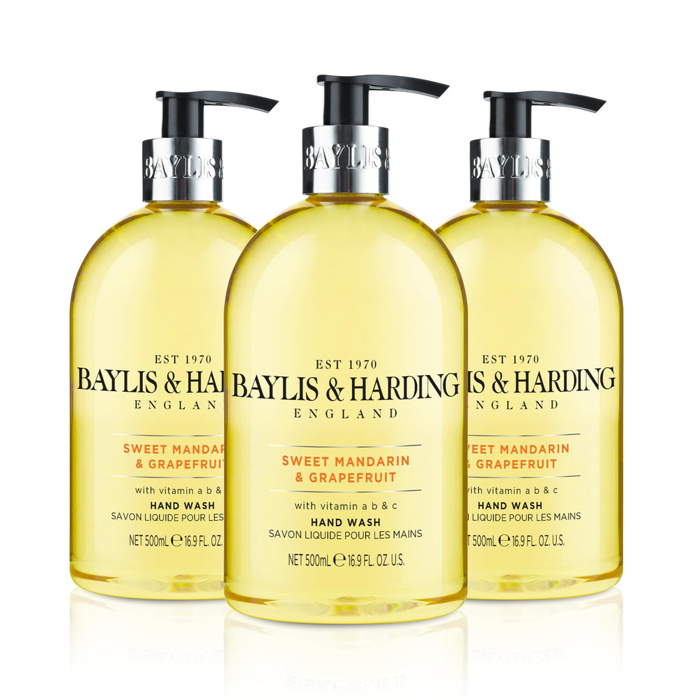 Baylis & Harding Sweet Mandarin & Grapefruit dispenser bottle for easy, refreshing handwashing.