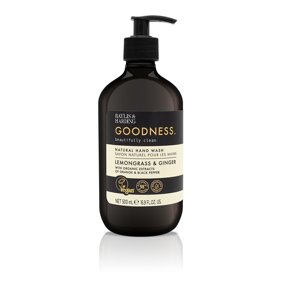 Baylis & Harding liquid hand soap bottle with lemongrass and ginger, cleanses while leaving skin refreshed.