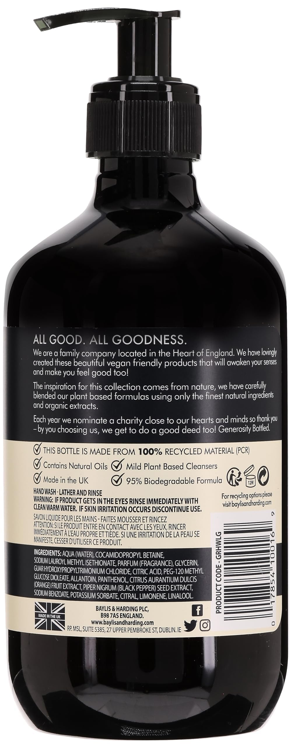 Baylis & Harding organic extracts highlight natural ingredients for a gentle cleansing experience.