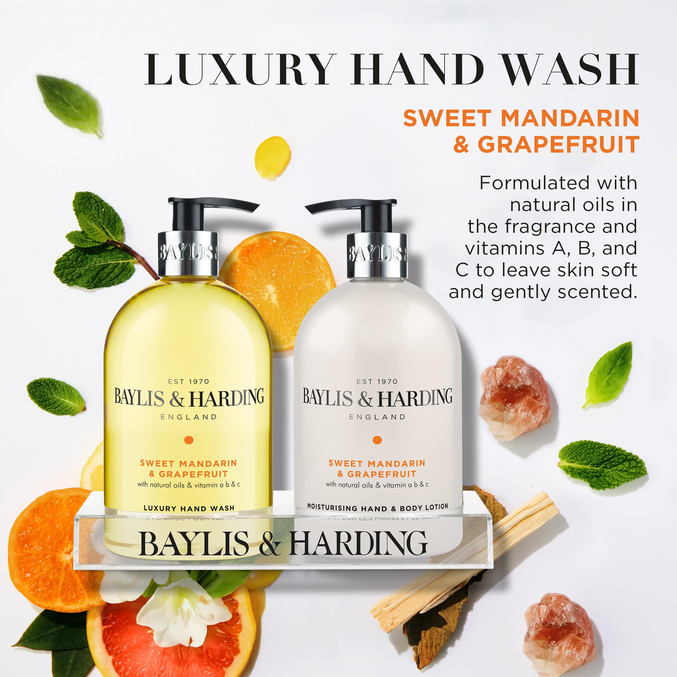 Baylis & Harding Sweet Mandarin & Grapefruit pump-dispenser, easy one-hand use in any room.
