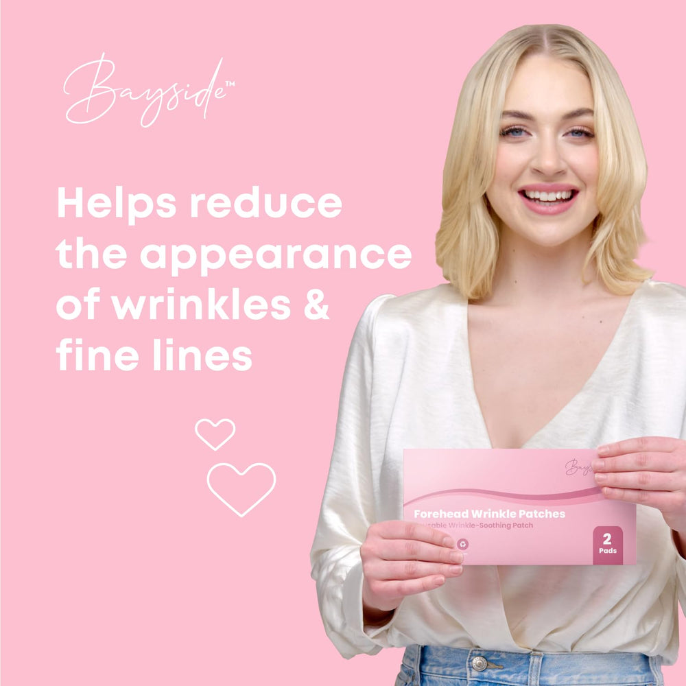 Bayside forehead wrinkle patches worn during self-care routine for subtle smoothing