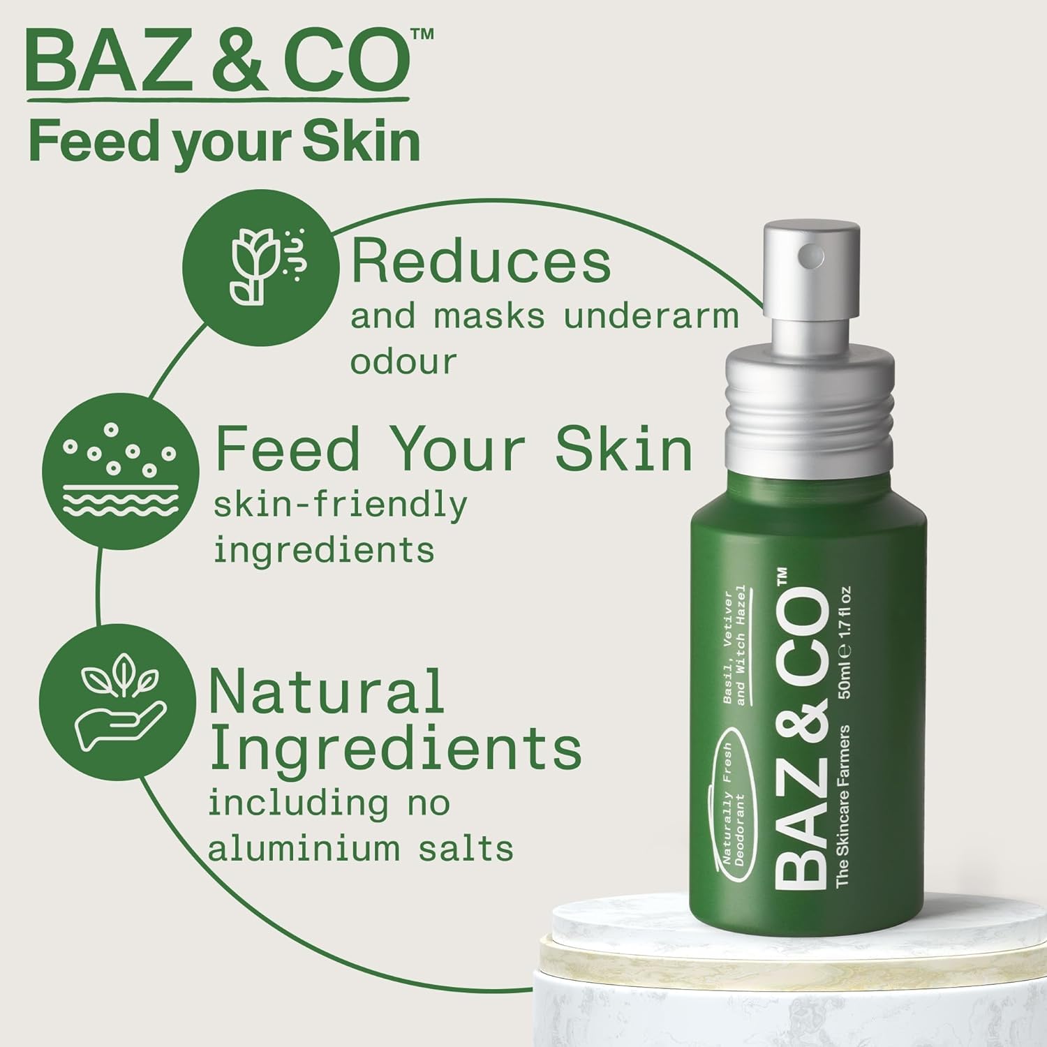 BAZ & CO Naturally Fresh deodorant bottle cap close-up for quick, convenient application.