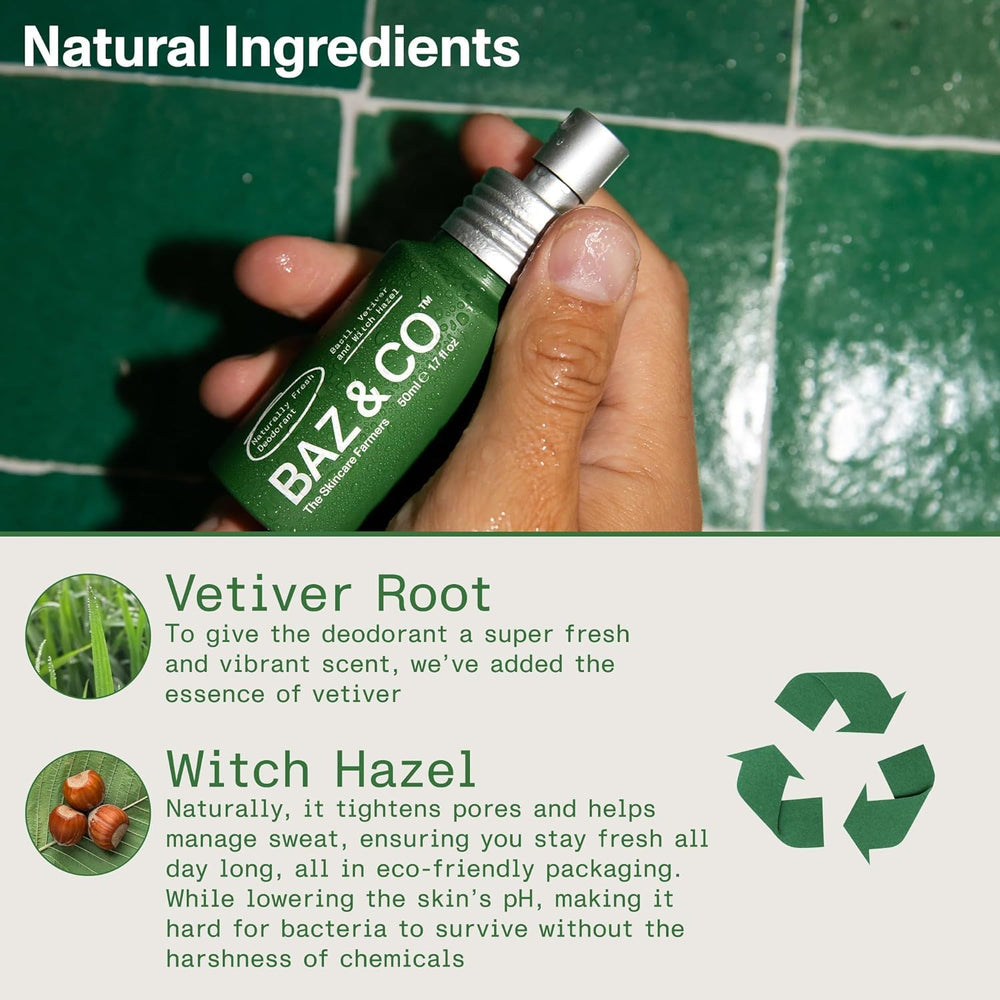 BAZ & CO Naturally Fresh spray-action showing even mist for lasting freshness.