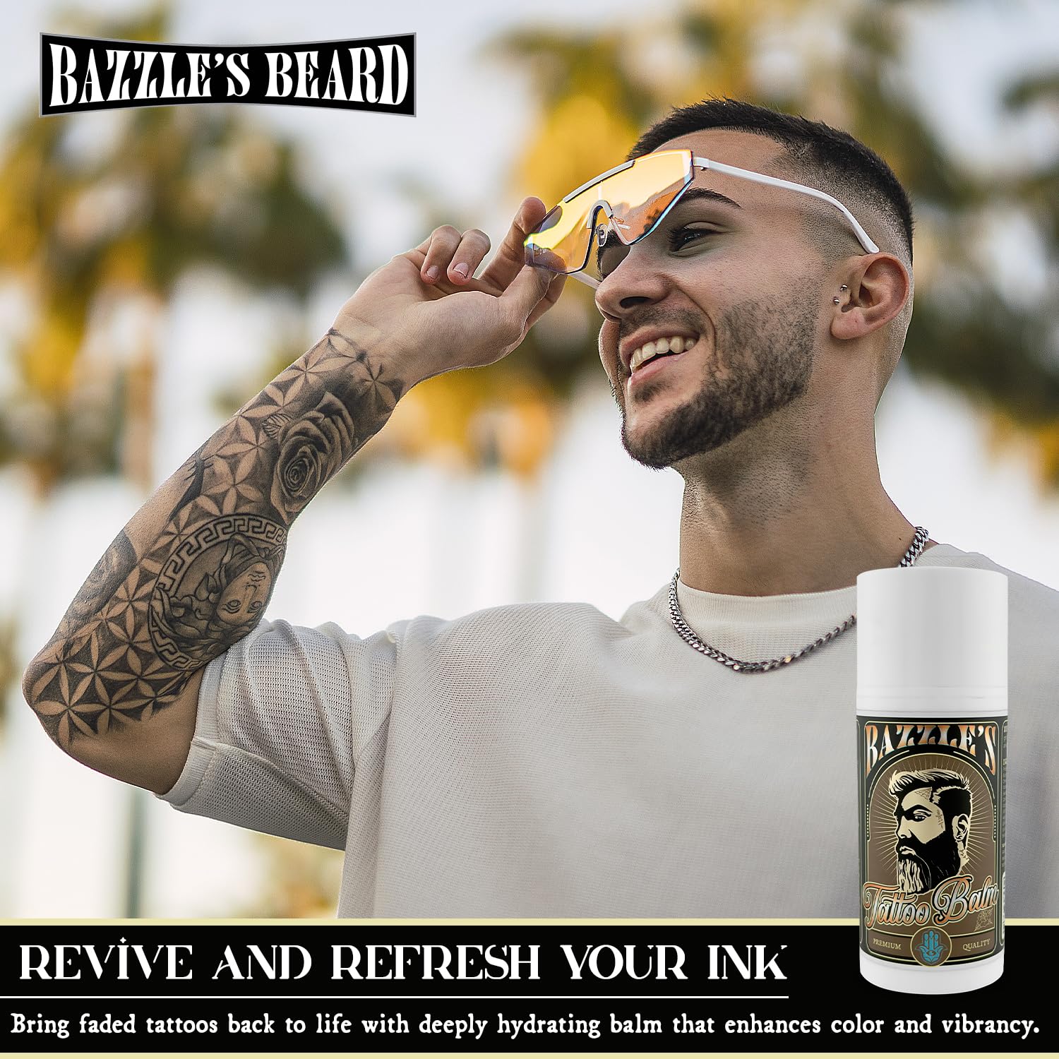 Texture close-up of Bazzle's Beard Tattoo Balm showing rich moisture for vibrant ink.