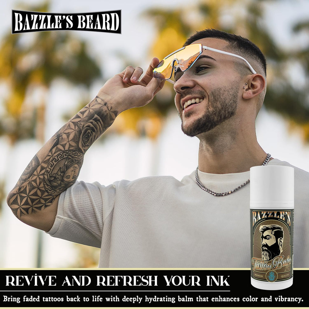 Texture close-up of Bazzle's Beard Tattoo Balm showing rich moisture for vibrant ink.