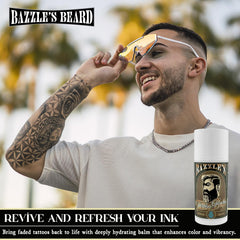 Texture close-up of Bazzle's Beard Tattoo Balm showing rich moisture for vibrant ink.