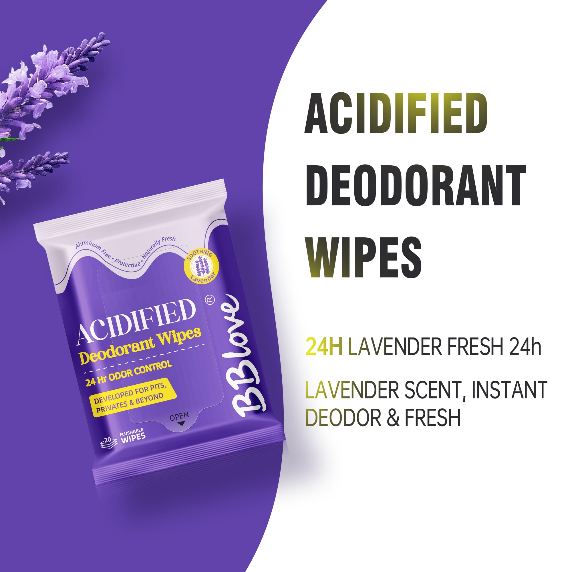 BBlove lavender wipes label close-up, highlighting skin-friendly pH-balanced formula
