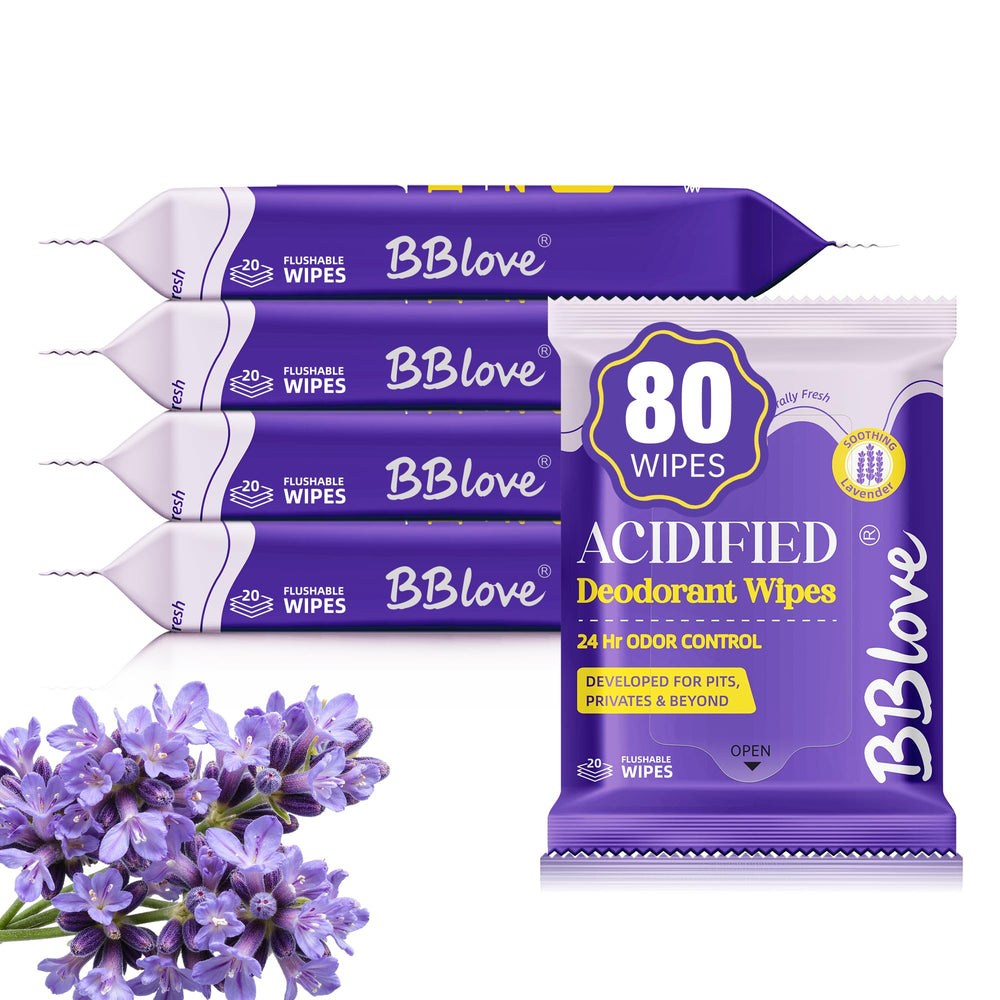 BBlove lavender acidified wipes pack shows all-day freshness, emphasizing product packaging