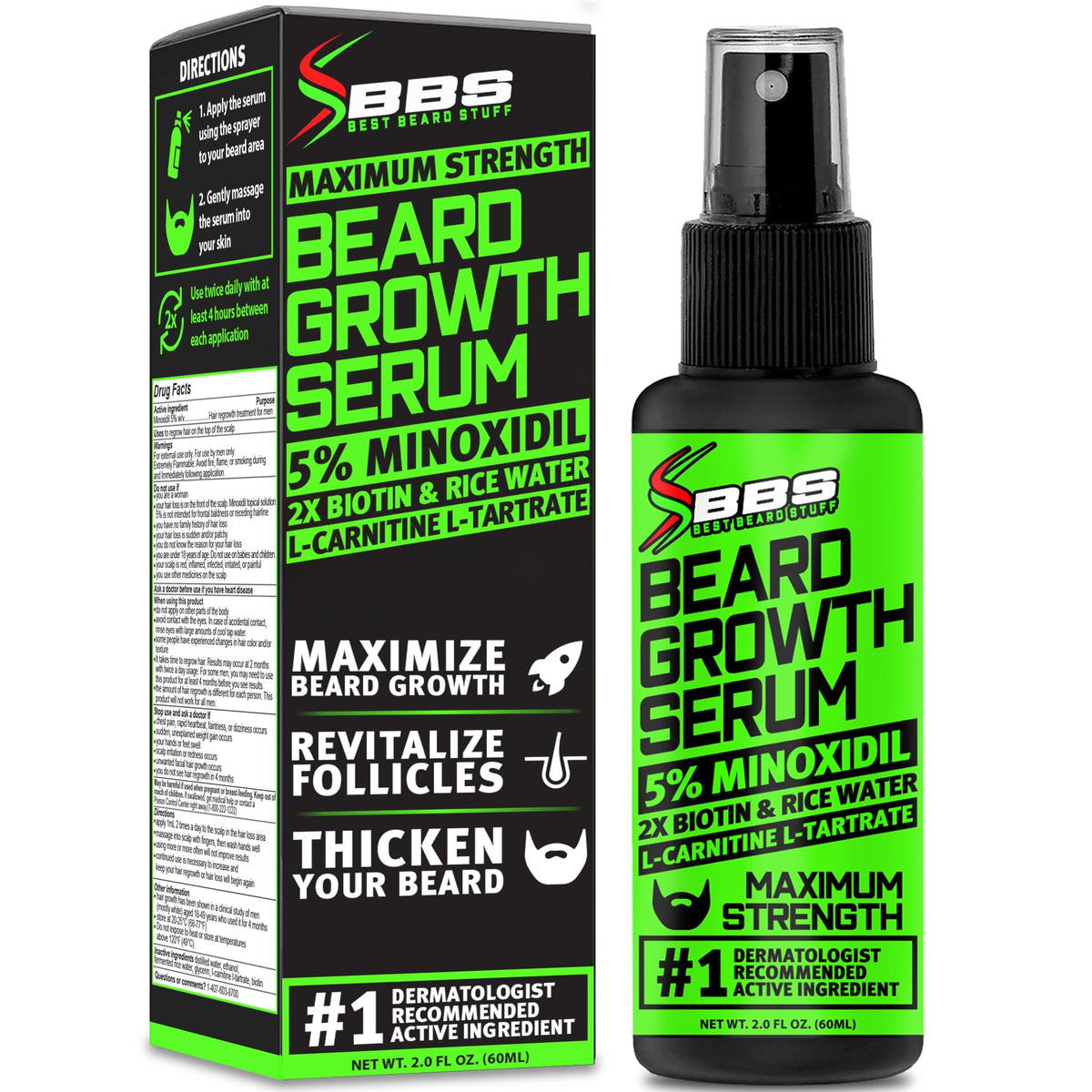 BBS Best Beard Stuff 5% minoxidil serum bottle promotes fuller facial hair
