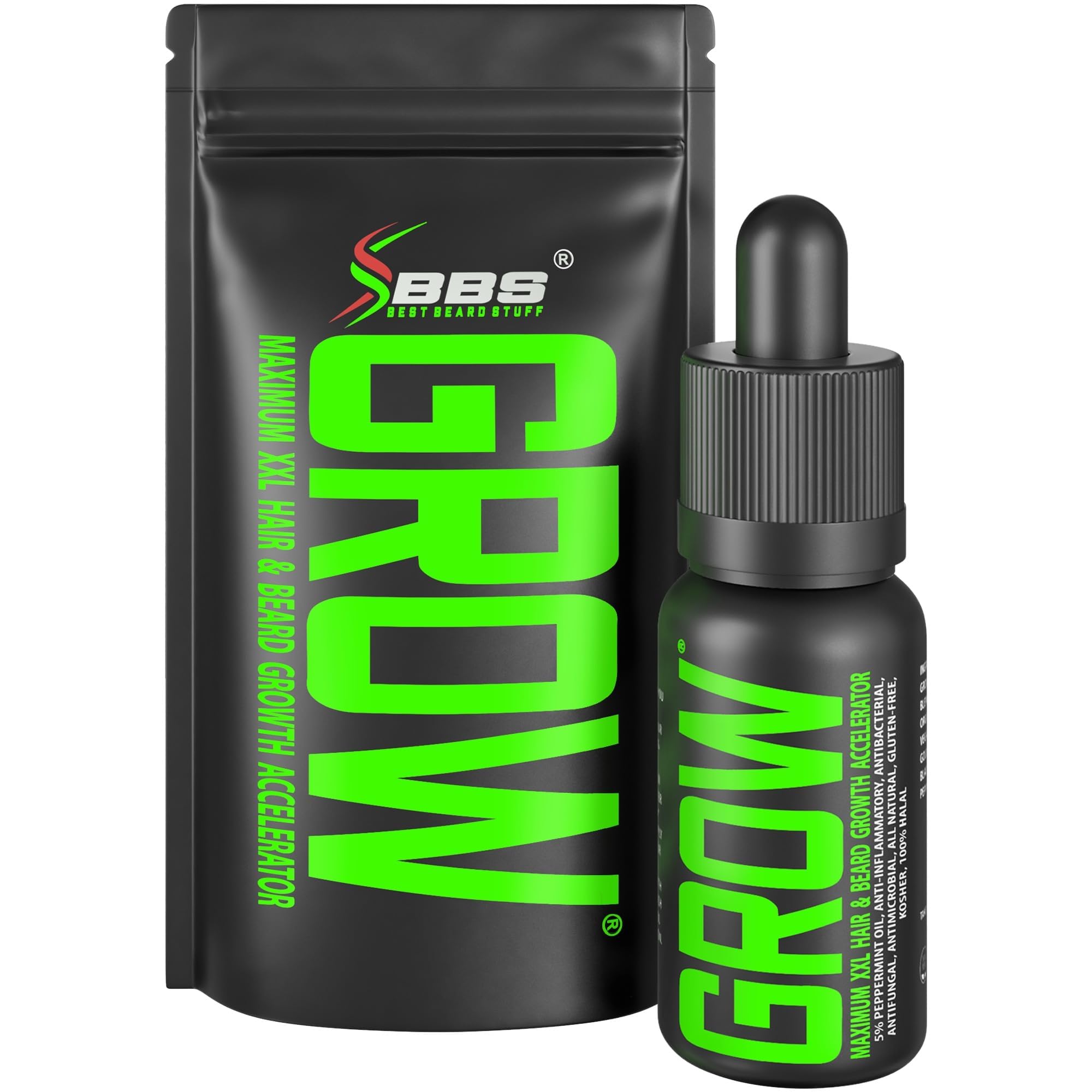 BBS Best Beard Stuff Grow bottle pour shows premium beard serum for nourishment