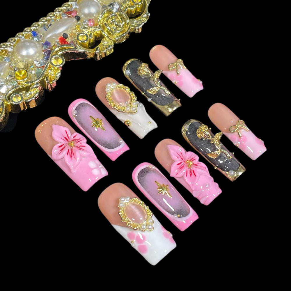 BByogooz 3D flowers with pearl accents on a soft pink nude base