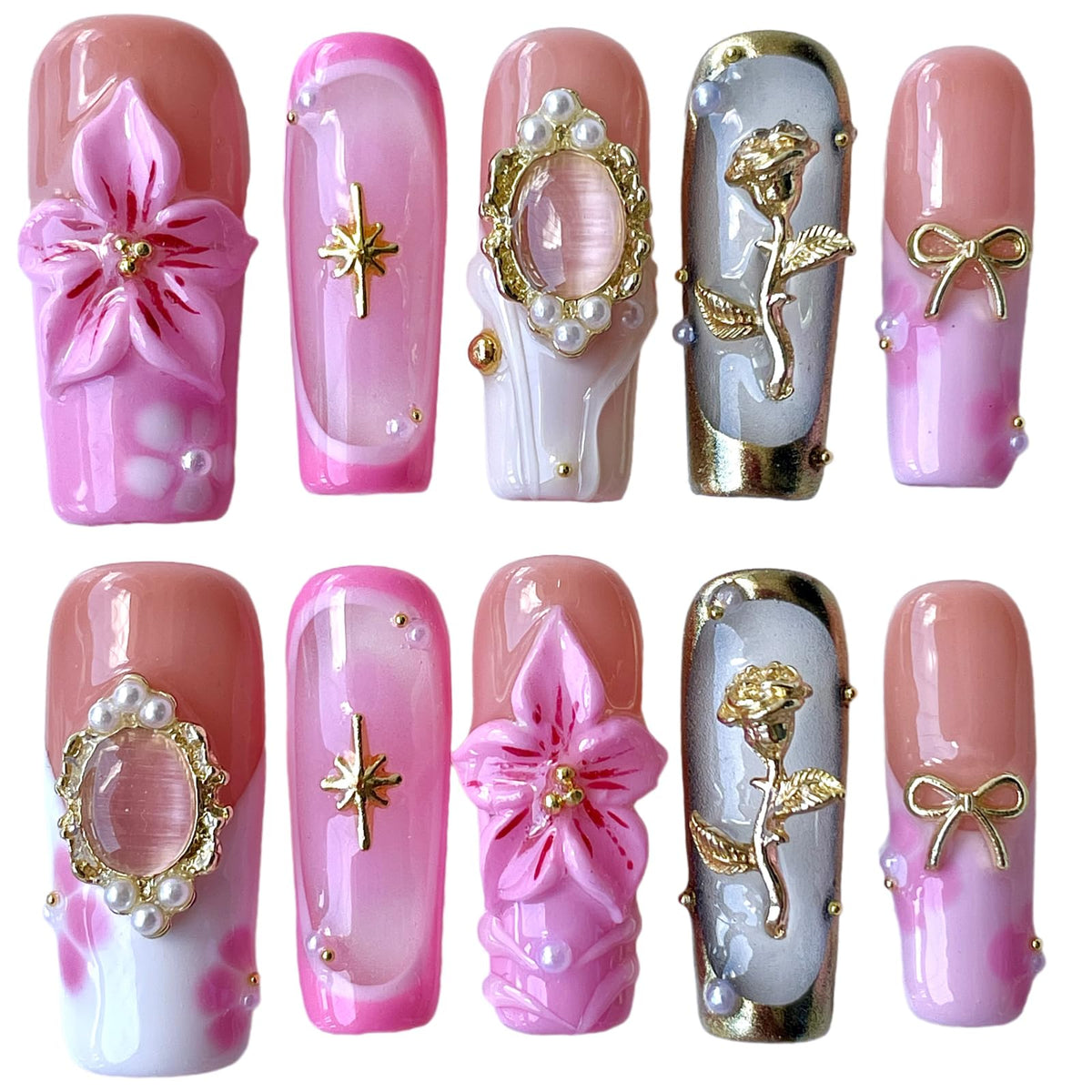 BByogooz press-on nails with 3D floral close-up for everyday elegance