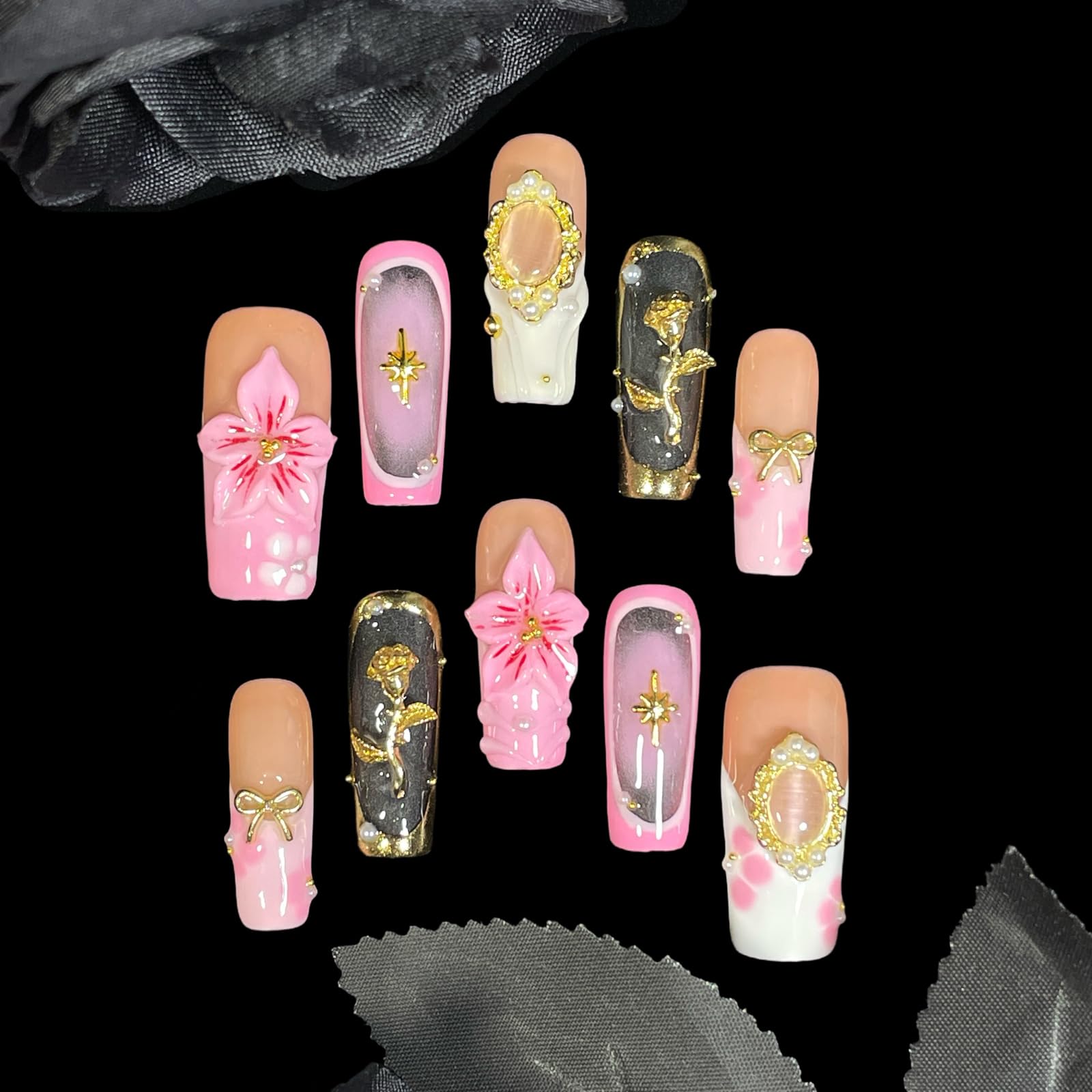 BByogooz pink-nude nails highlight gold rose detail for refined look