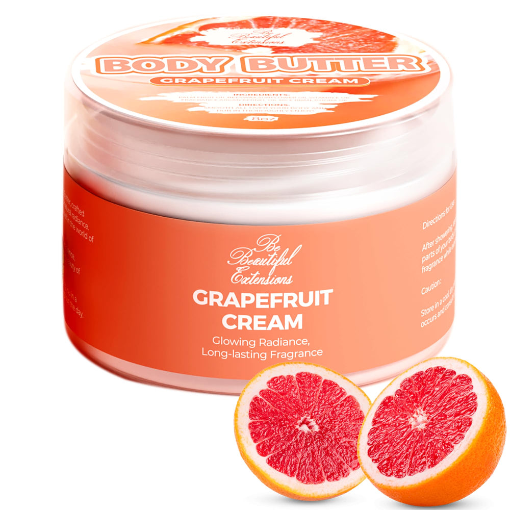 BE BEAUTIFUL EXTENSIONS grapefruit-glow body butter on hydrated skin