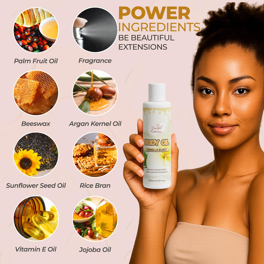 BE BEAUTIFUL EXTENSIONS body oil smooths rough patches for softer elbows and knees.