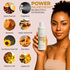 BE BEAUTIFUL EXTENSIONS body oil smooths rough patches for softer elbows and knees.