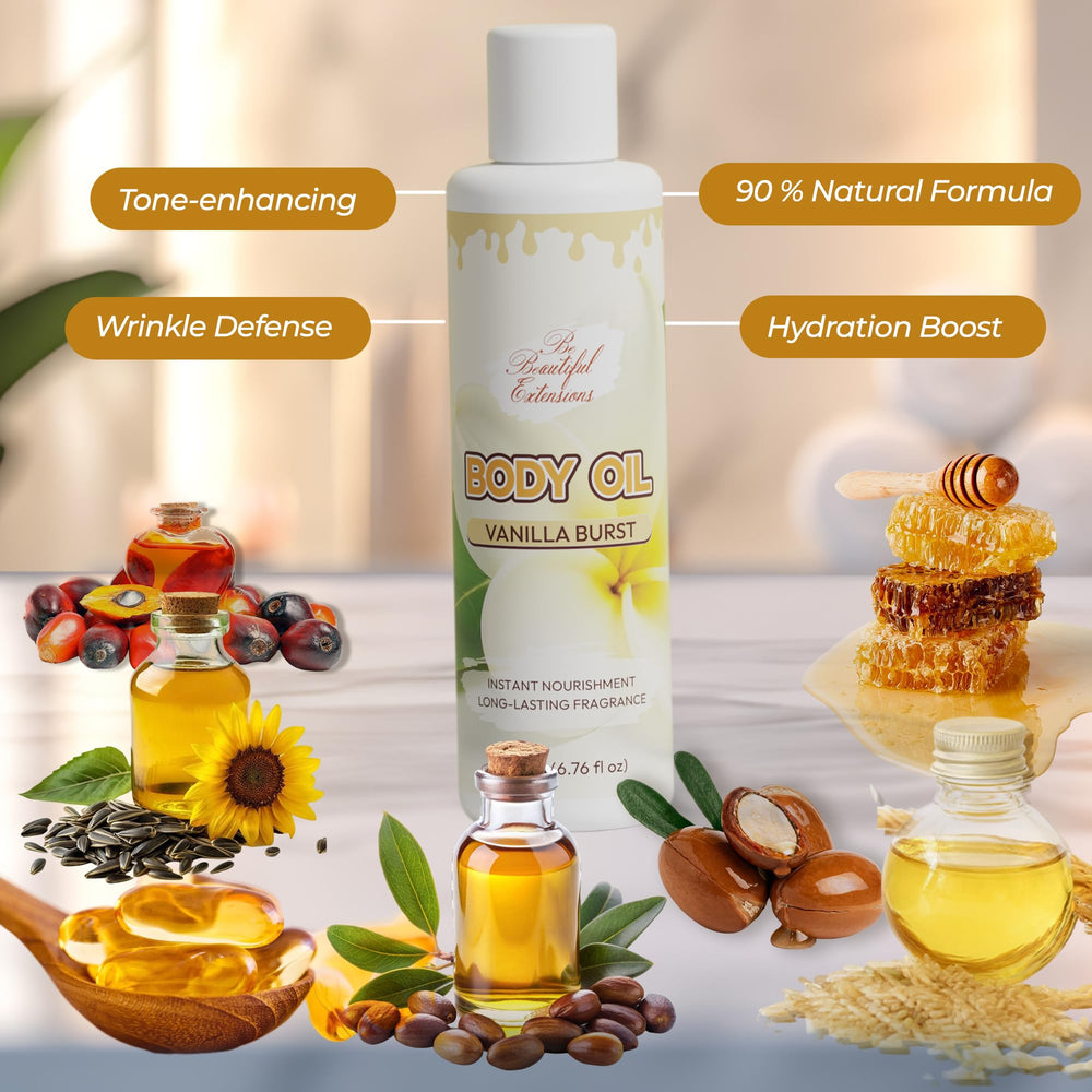 BE BEAUTIFUL EXTENSIONS body oil vanilla scent adds a comforting fragrance layer.