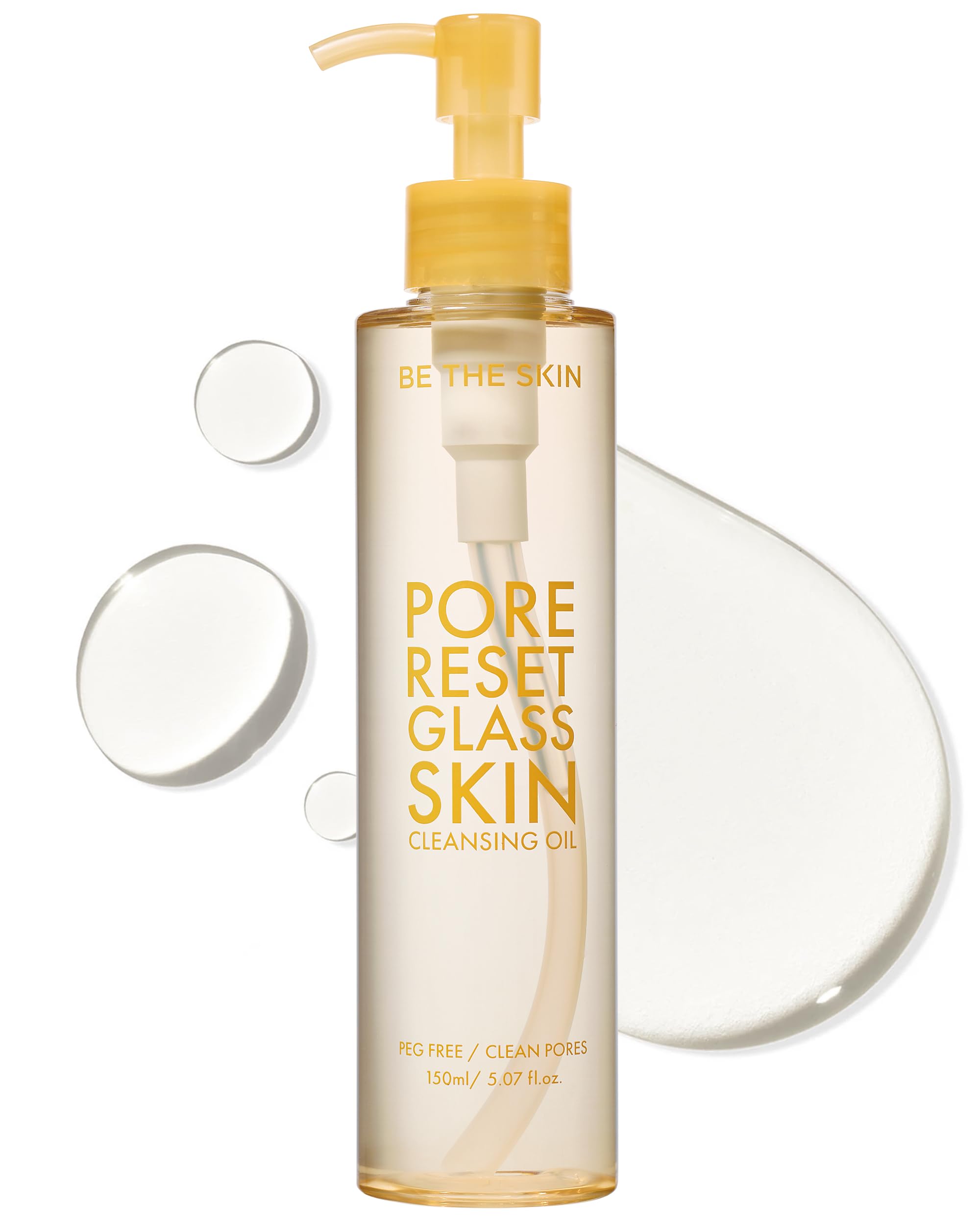 BE THE SKIN Pore Reset cleansing oil bottle demonstrates gentle makeup removal and radiant skin.