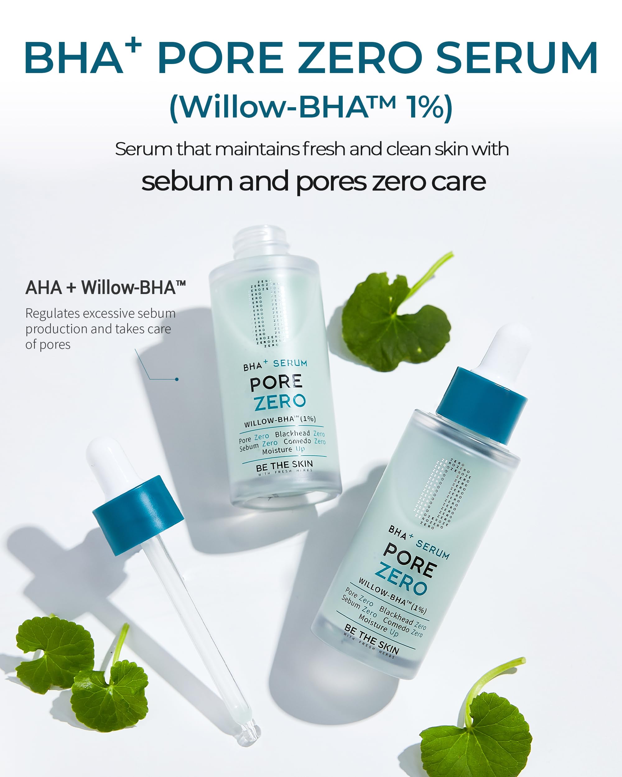 BE THE SKIN Pore Zero serum dropper delivering precise BHA application for targeted care.