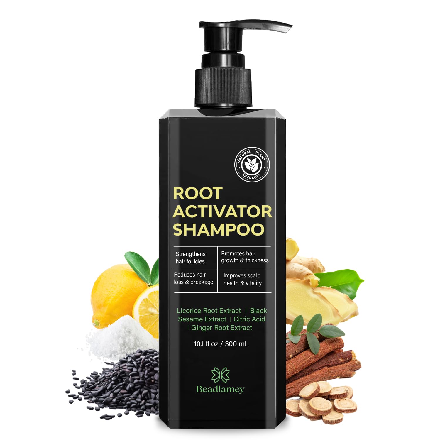 Beadlamey Root Activator Shampoo for Men bottle close-up for daily scalp nourishment.