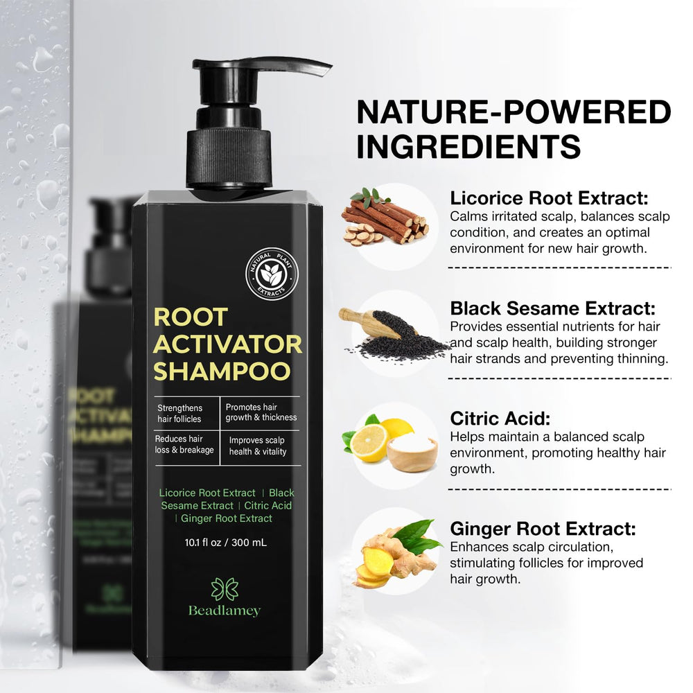 Beadlamey Root Activator Shampoo for Men label close-up highlighting natural, gentle nourishment.