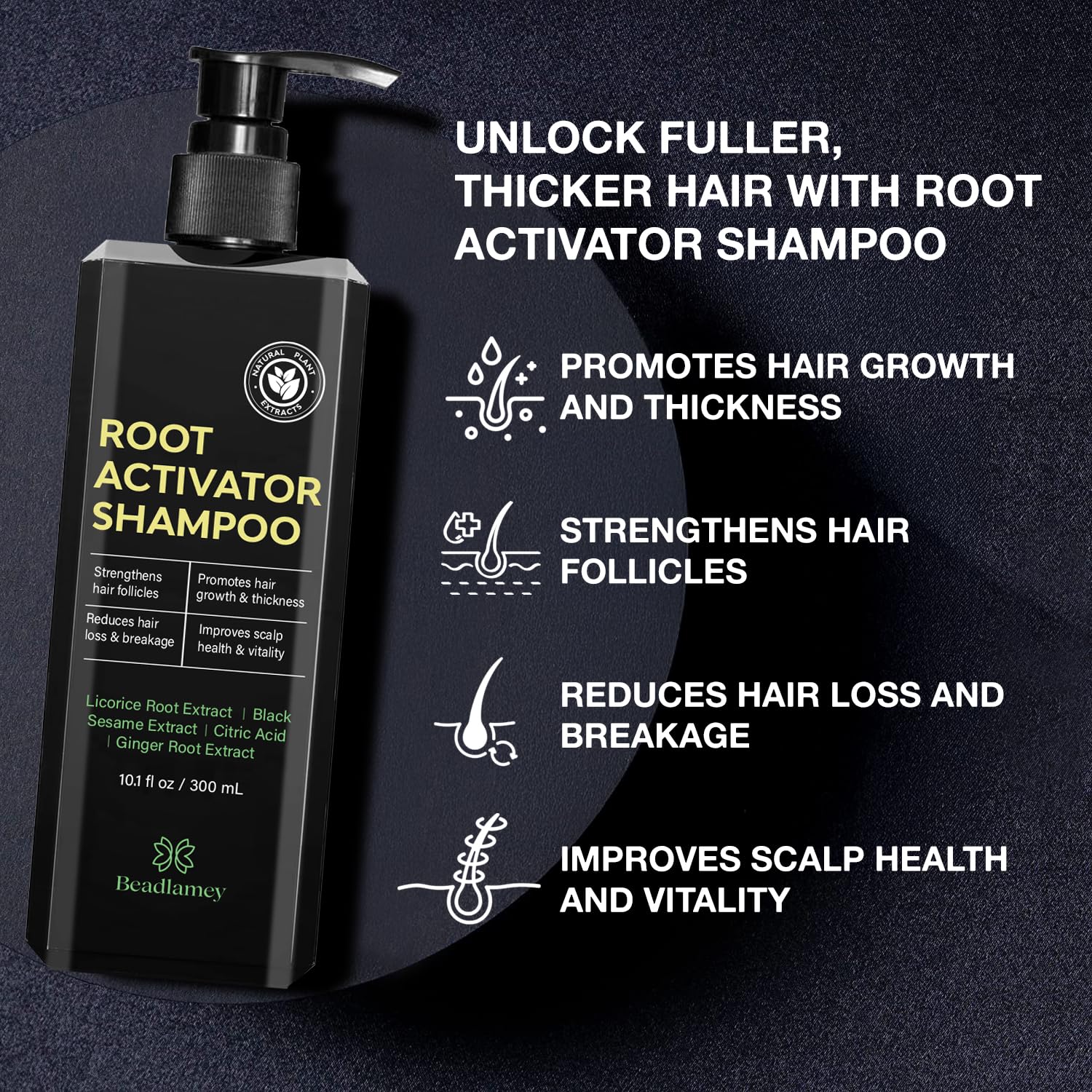 Beadlamey Root Activator Shampoo for Men scalp massage visuals indicating follicle-friendly growth.