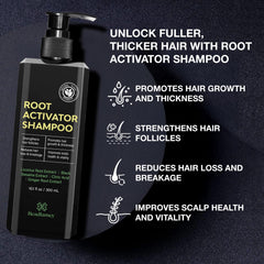 Beadlamey Root Activator Shampoo for Men scalp massage visuals indicating follicle-friendly growth.