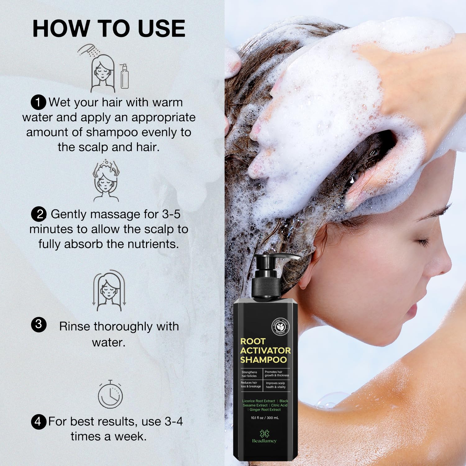 Beadlamey Root Activator Shampoo packaging and bottle design emphasizing premium care.