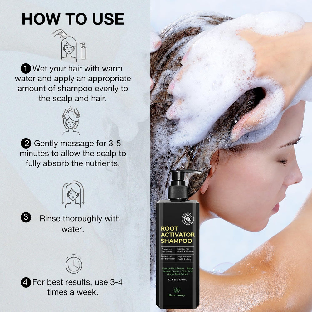 Beadlamey Root Activator Shampoo packaging and bottle design emphasizing premium care.