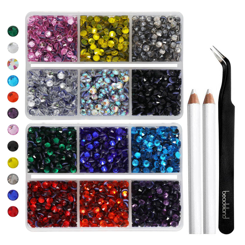 BEADSLAND hotfix rhinestones kit with 12 colors for quick fabric embellishment.