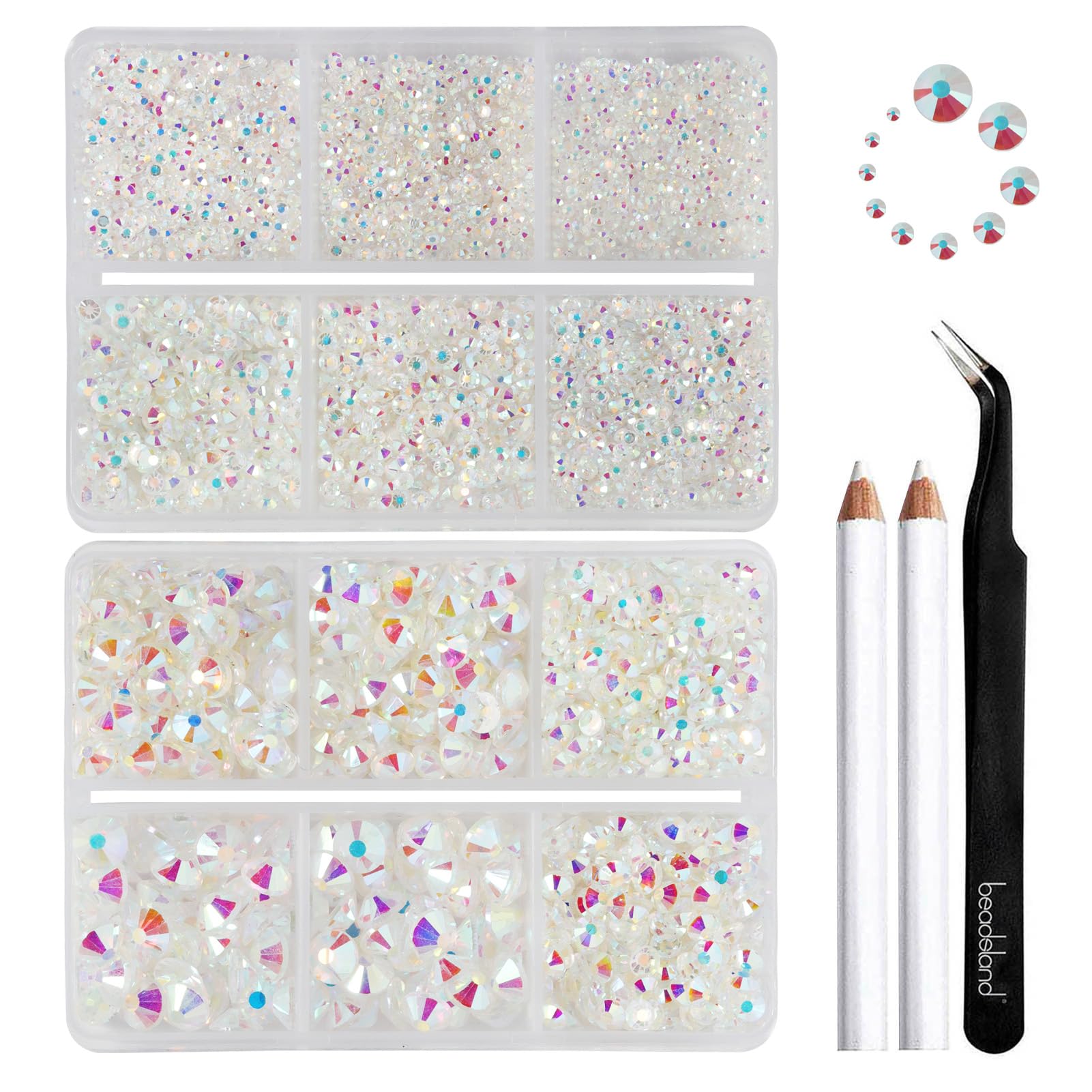 Beadsland 8300pcs flatback rhinestones with Transparent AB sparkle for nails.