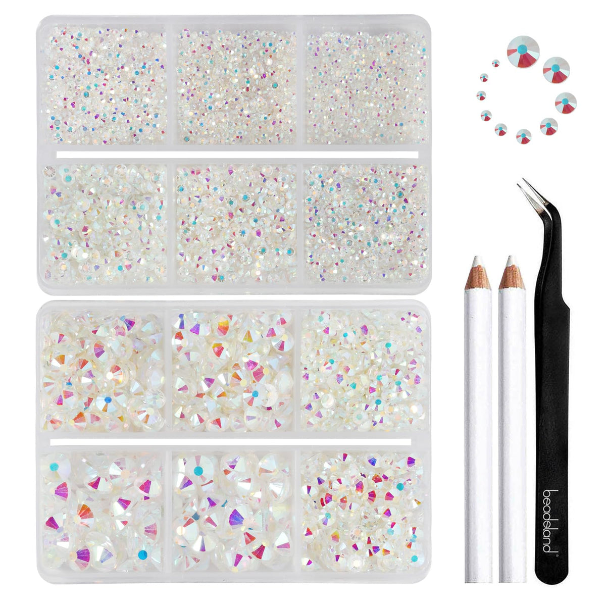 Beadsland 8300pcs flatback rhinestones with Transparent AB sparkle for nails.