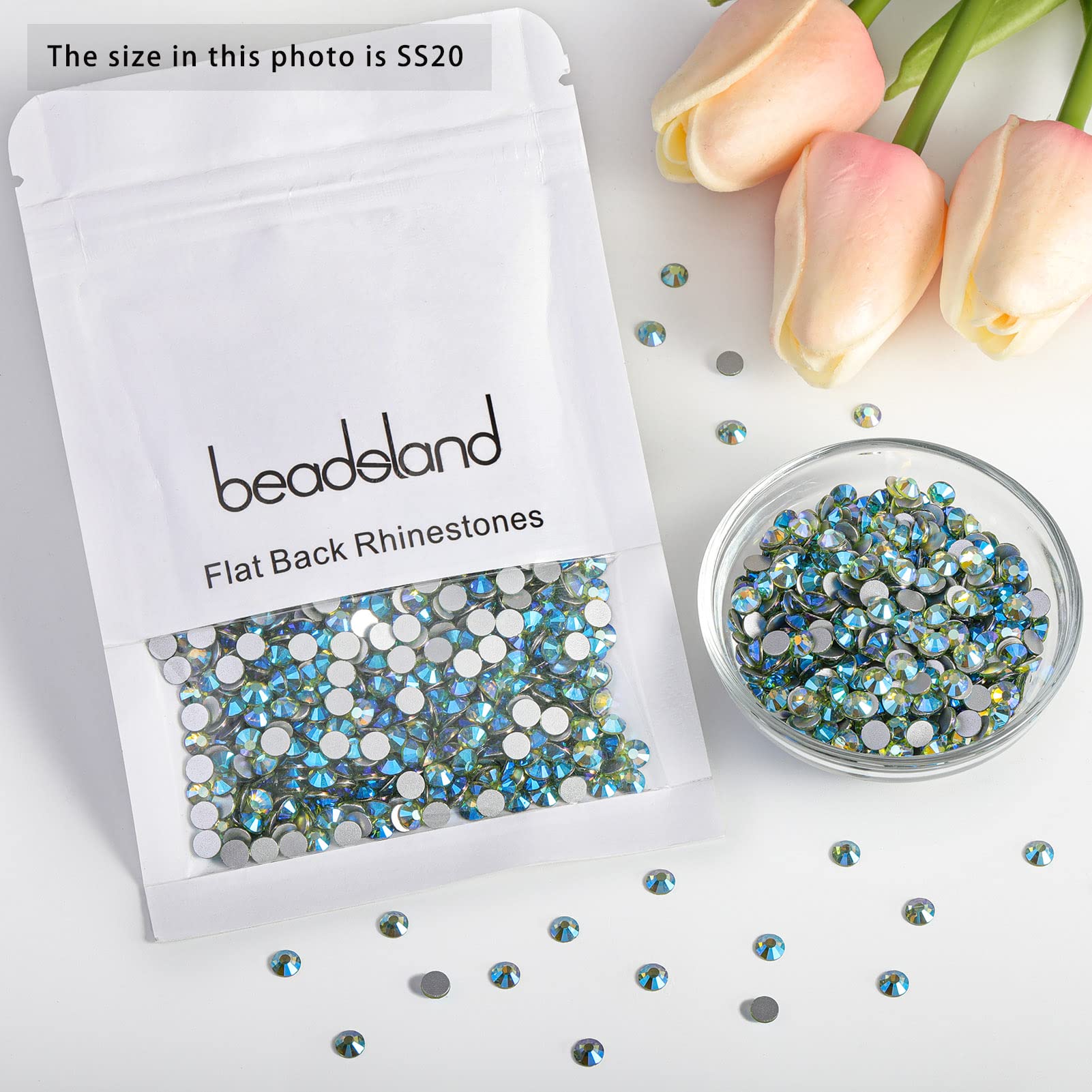Beadsland Peridot AB rhinestones glued for DIY projects