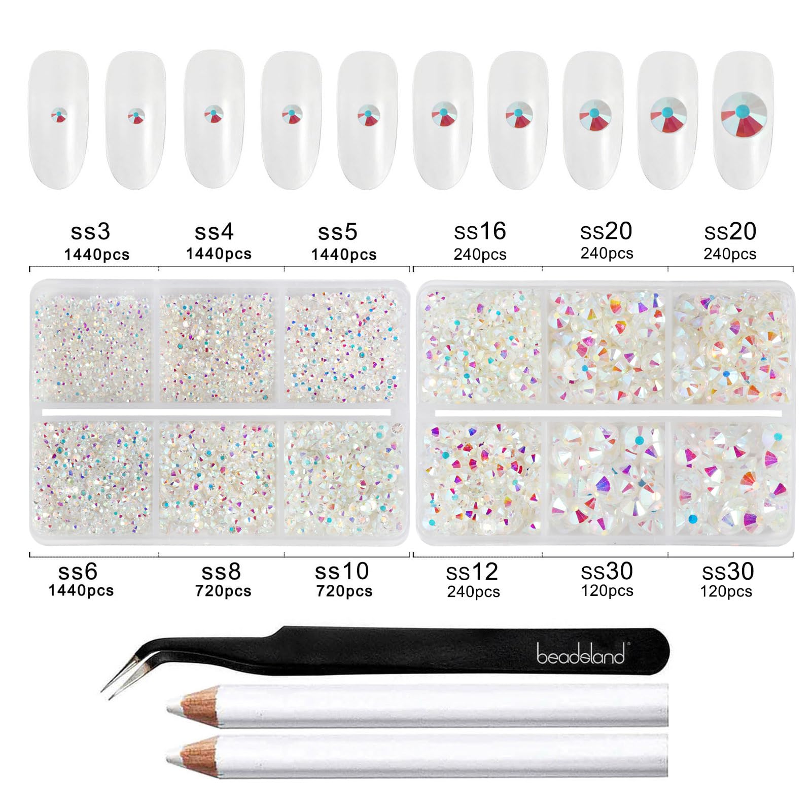 Beadsland SS3-SS30 size range enables versatile nail art designs.