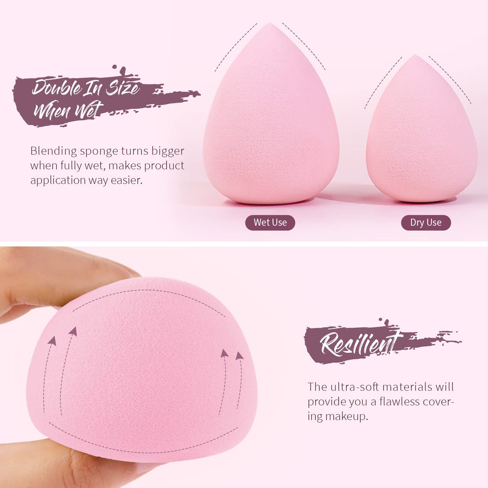 Teardrop BEAKEY sponge blends liquids, creams, and powders for even coverage.