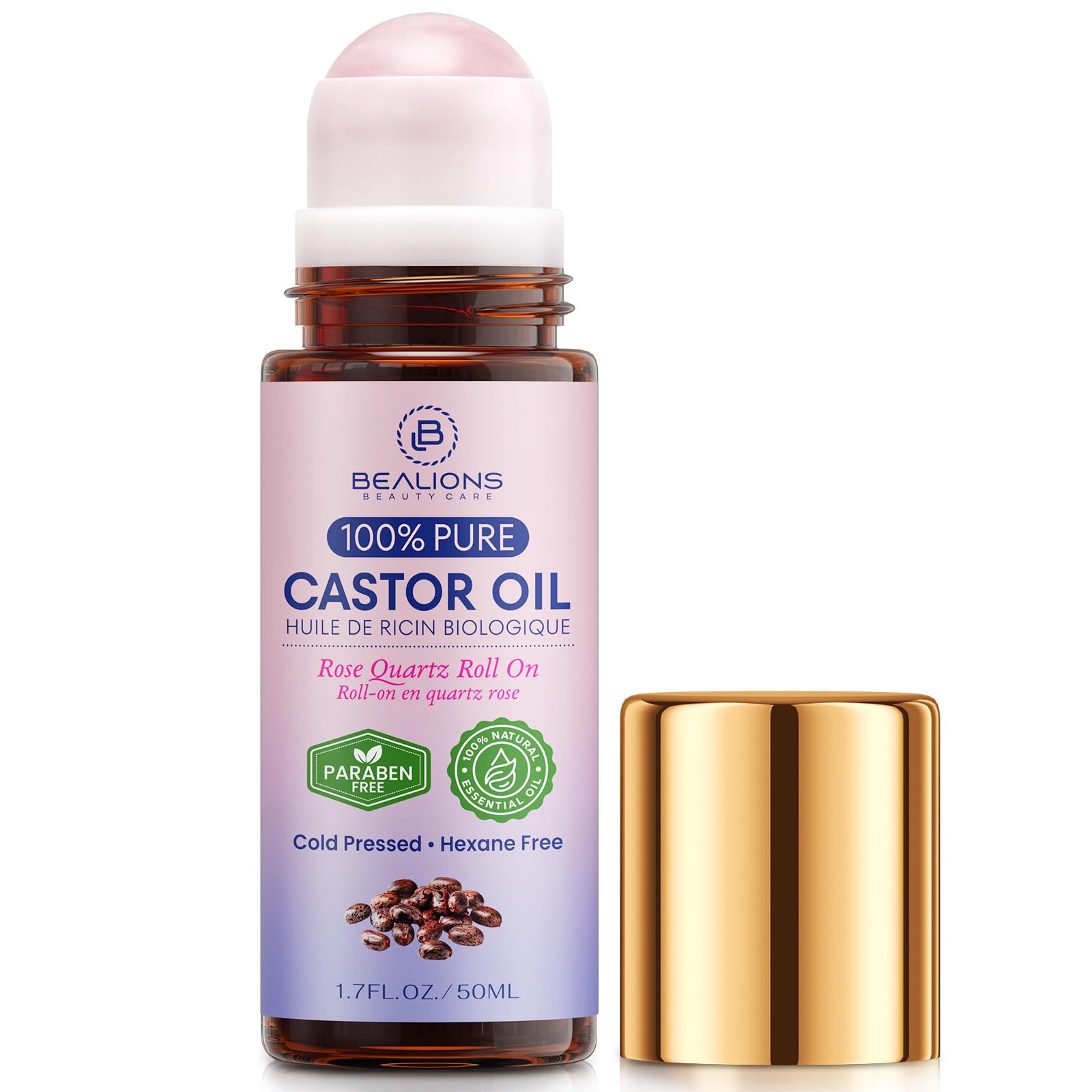 Bealions castor oil roll-on bottle for daily hydration and easy application.