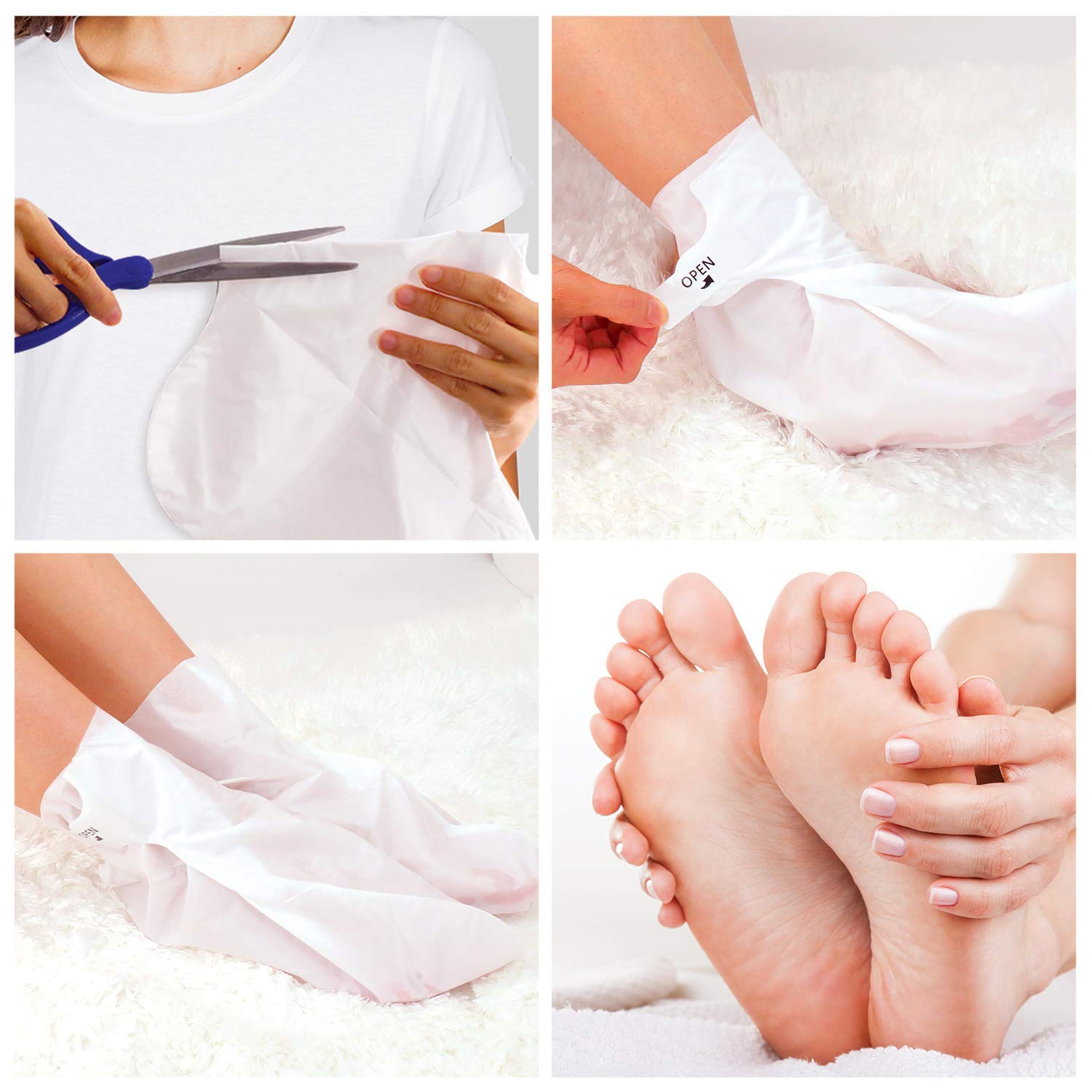 Bealuz exfoliating booties in use, helping to soften calluses.