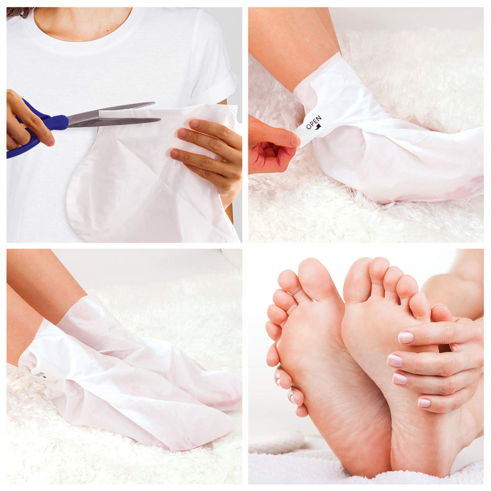 Bealuz exfoliating booties in use, helping to soften calluses.