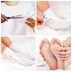 Bealuz exfoliating booties in use, helping to soften calluses.