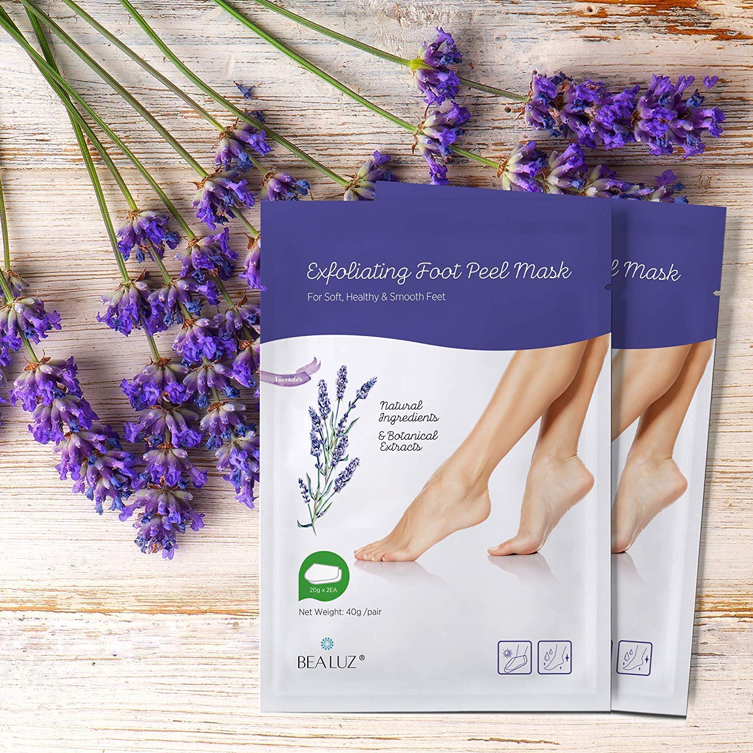 Bealuz foot peel mask packaging close-up, highlighting lavender formula and easy use.