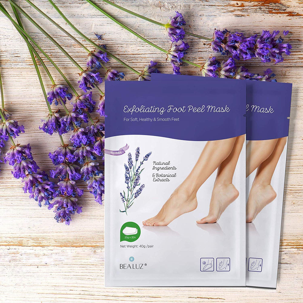 Bealuz foot peel mask packaging close-up, highlighting lavender formula and easy use.