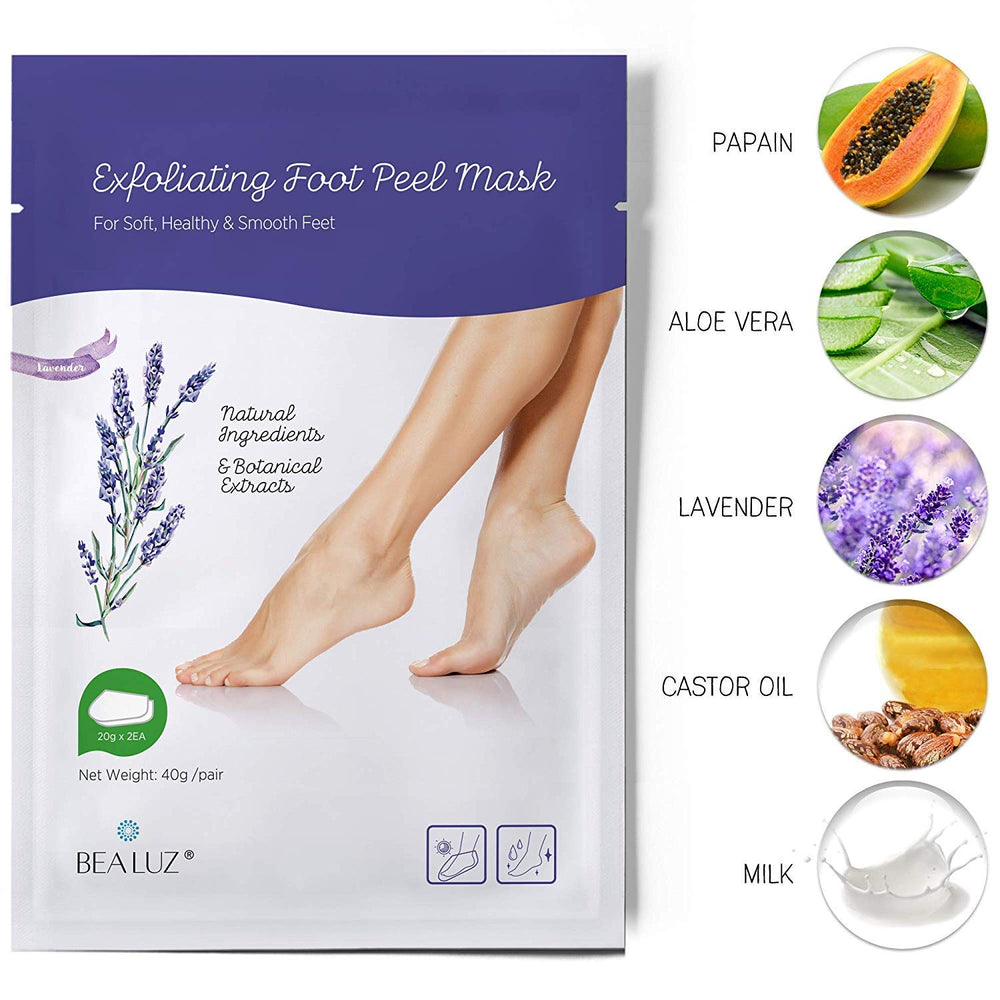 Bealuz lavender scent foot peel on feet, offering a spa like experience.