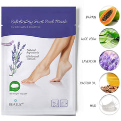 Bealuz lavender scent foot peel on feet, offering a spa like experience.