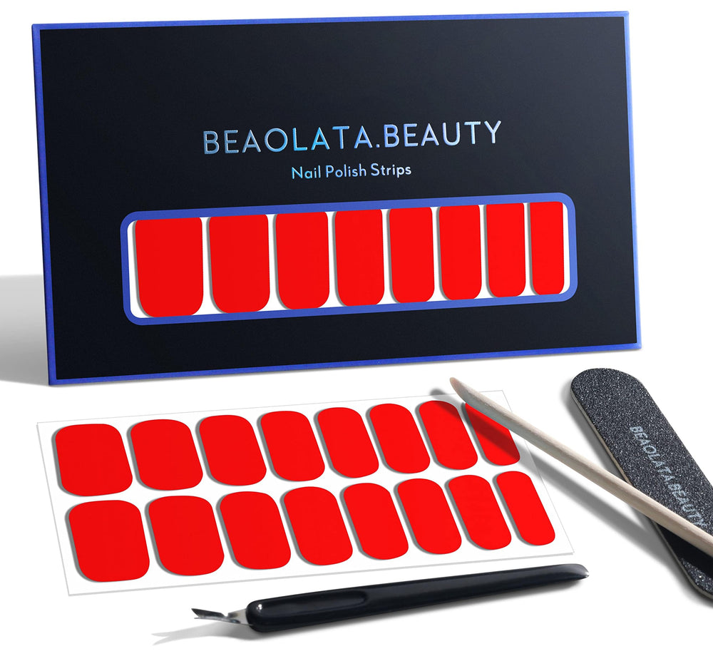 Beaolata Passion Love Red nail strip closeup, vibrant salon-grade color.
